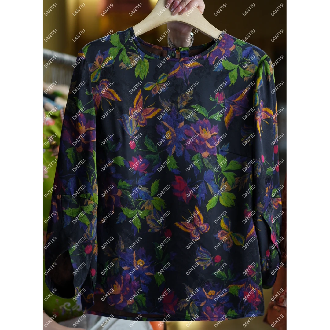 蝶裳《非遗美学》1651复古风黑色印花长袖上衣