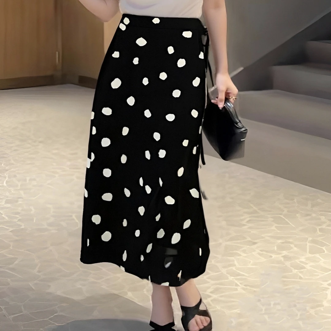 桑蚕丝半裙轻奢百搭开叉高腰时尚夏季休闲波点裹裙LW 8251129