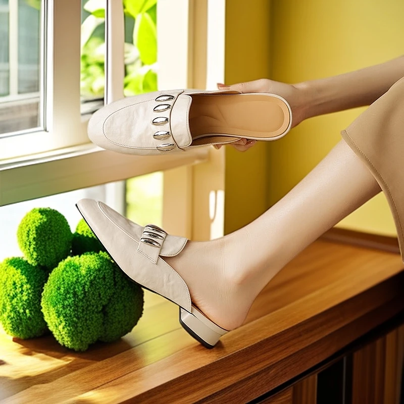 【跟2.5公分】【尺码34-40】2025新款夏季真皮时尚百搭法式女包头拖