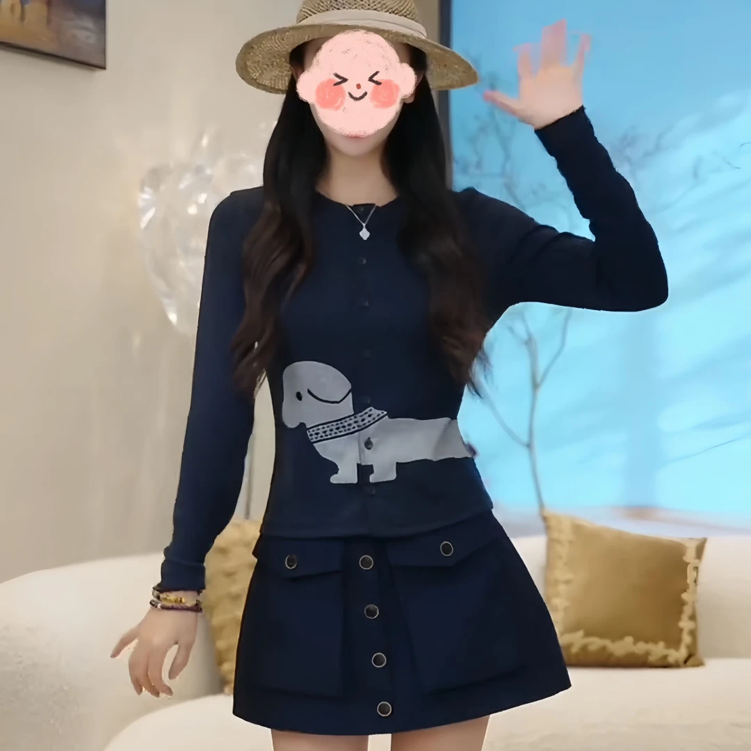 常规休闲小狗开衫圆领单排扣长袖t恤女时尚修身百搭亲肤上衣2025