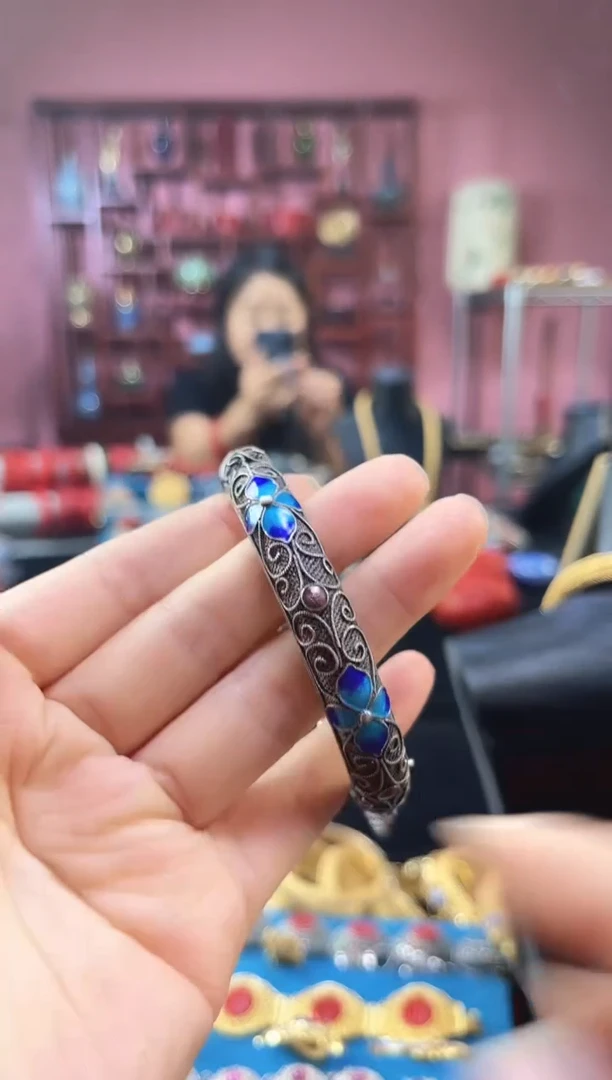 非遗技艺 花丝烧蓝手镯 开口 素银