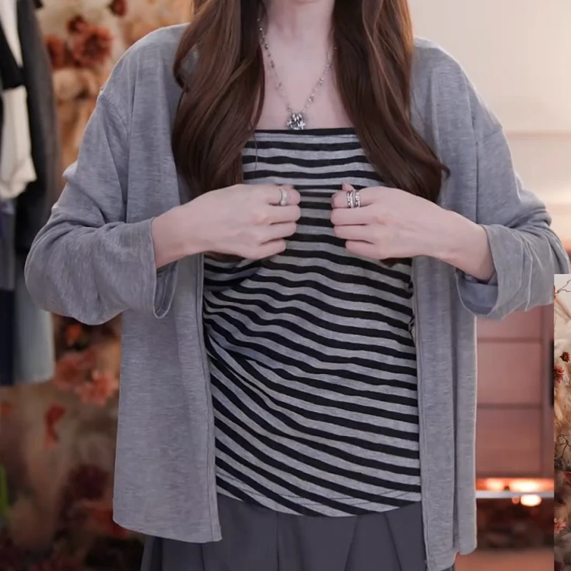 2025新款夏季灰色条纹修身开衫吊带套装轻薄两件套LK2505386