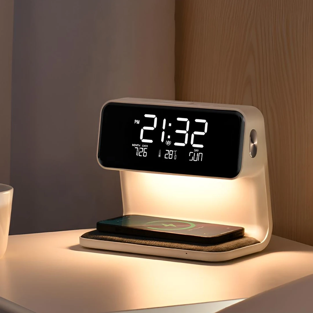 无线充三合一床头灯万年历闹钟触控调光灯房间办公插电充电小夜灯