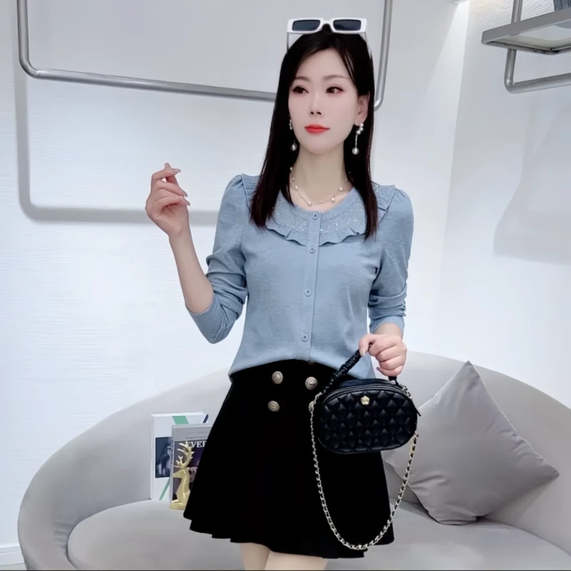 时尚拼接长袖T恤女士春秋新款洋气荷叶边圆领小衫温柔风宽松上衣