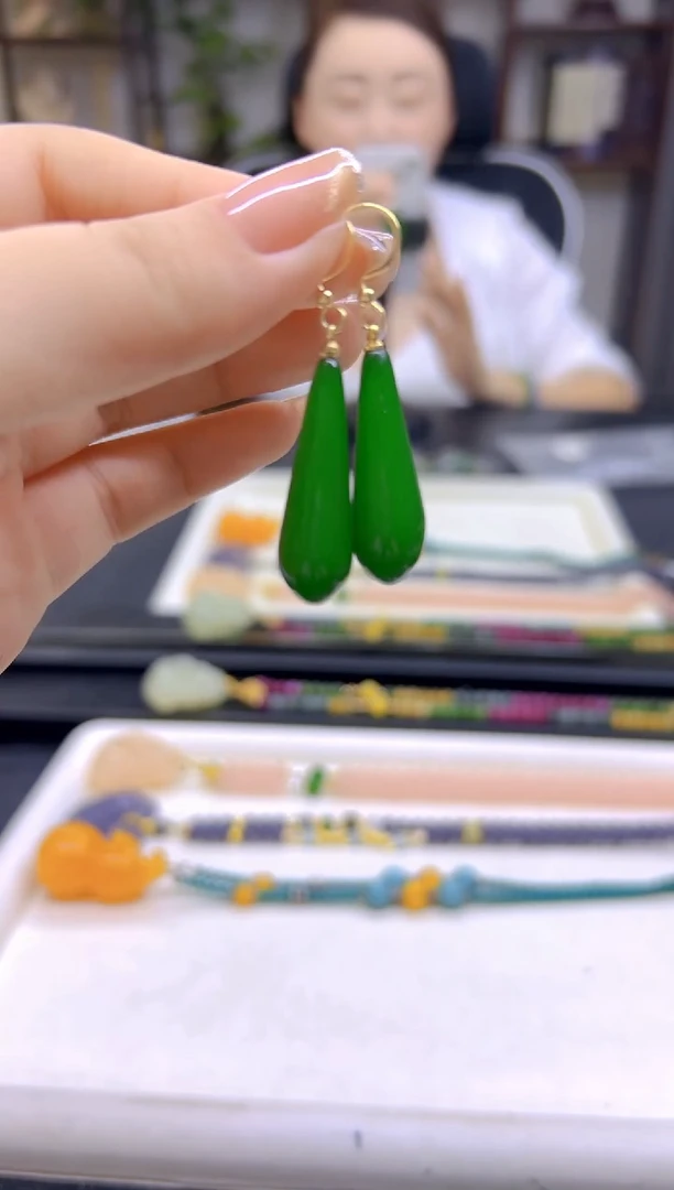 和田玉（碧玉）14K金镶嵌耳饰DIY款E74