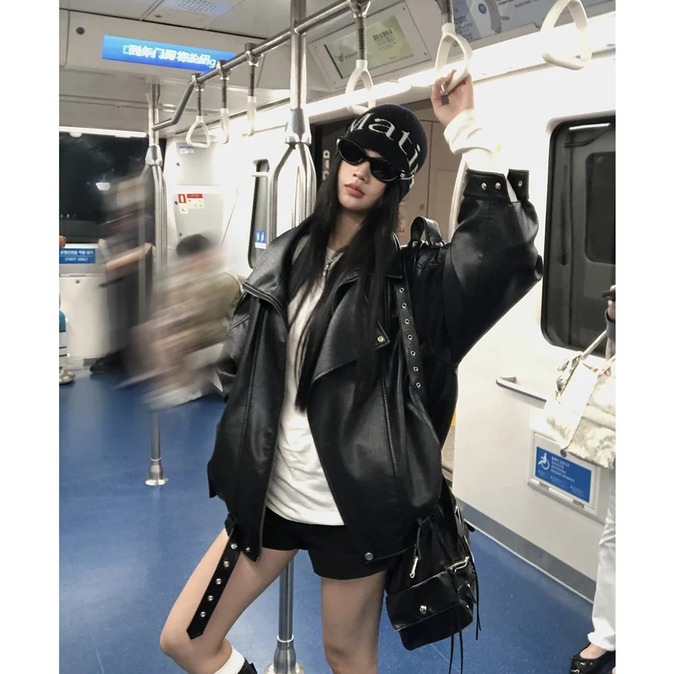 早秋PU皮衣短外套女高级感甜酷街头风简约小个子黑色夹克机车服