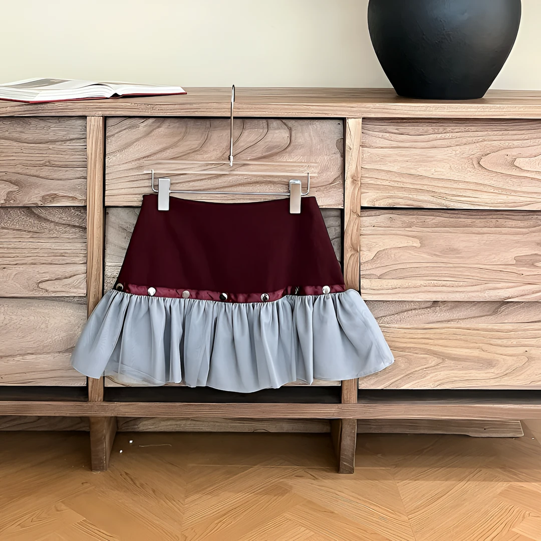 【赵小小&巴黎情书】28220 夏季复古丝绒拼接装饰花朵褶皱半身裙女