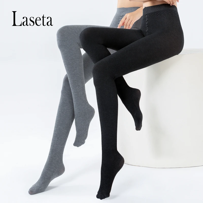 Laseta连裤袜女秋冬季灰色竖条纹薄绒打底裤袜日系中厚显瘦百搭