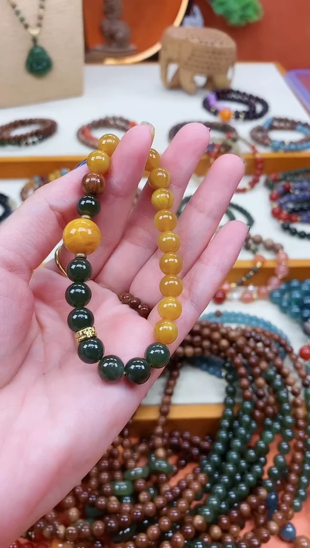 未镶嵌蜜蜡手链单圈蜜蜡和田菠菜绿手串