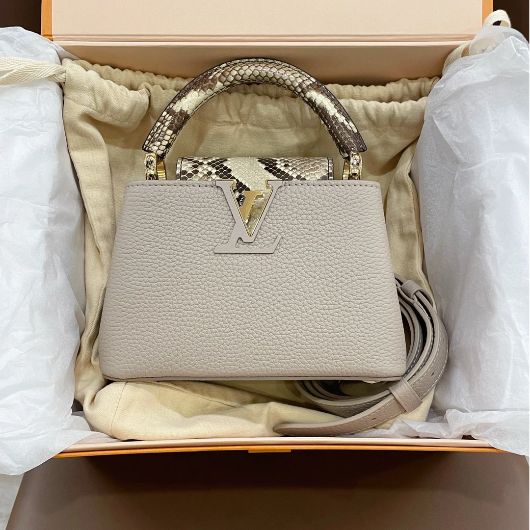 99新 LouisVuitton/路易威登 Capmini稀有皮大象灰拼蟒蛇手提包