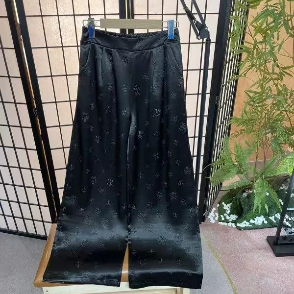 春季薄款新中式直筒裤口袋休闲裤印花网红黑色女士潮流时尚