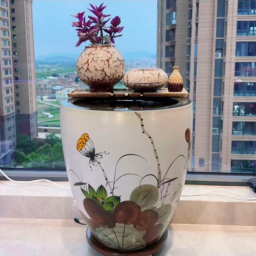 瀑布流水养鱼52x55客厅阳台庭院陶瓷大缸孔雀色循环流水造景套餐