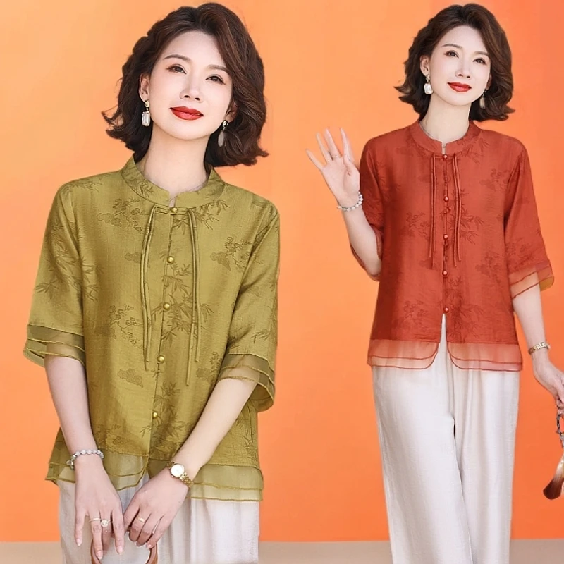 2025夏季新中式国风中老年妈妈装上衣时尚百搭女遮肉显瘦小衫套装