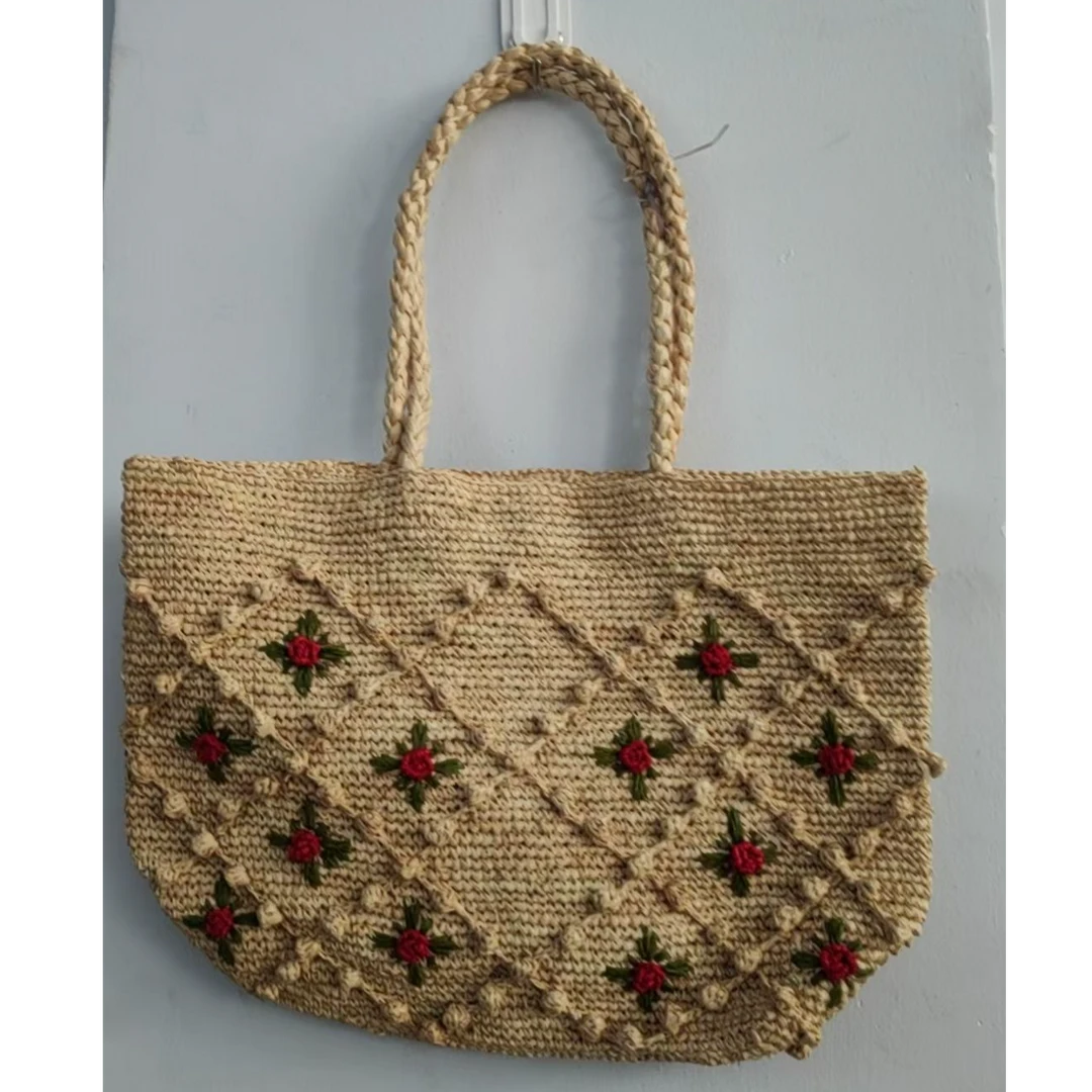 拉菲草玫瑰手工编织手提包