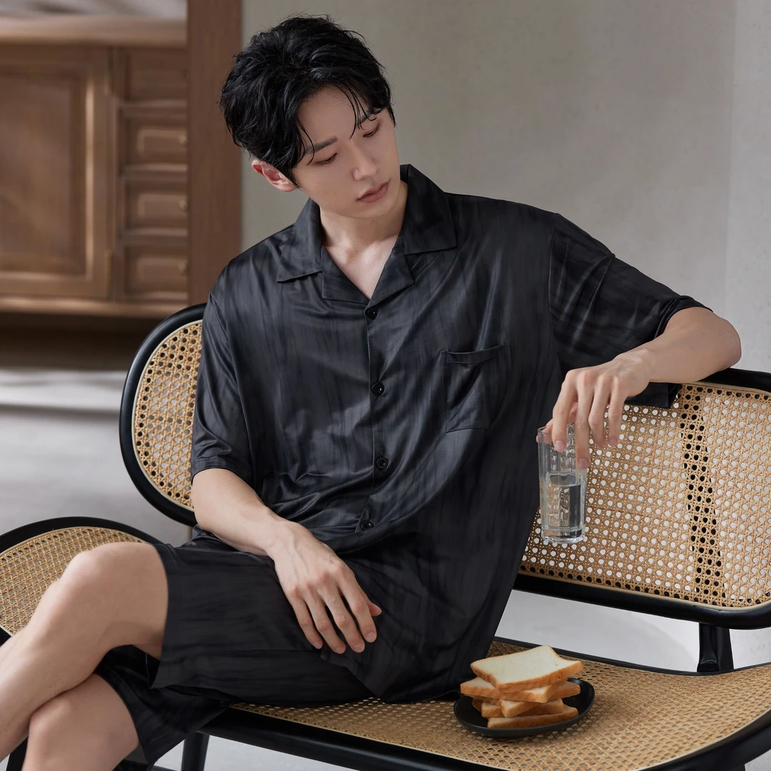 夏季新款超弹冰丝睡衣男轻薄翻领时尚凉感透气宽松亲肤家居服套装
