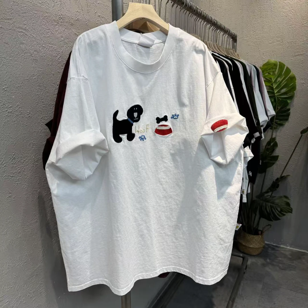 911夏季韩版新款重工刺绣骨头小狗宽松休闲显瘦大版圆领短袖T恤女