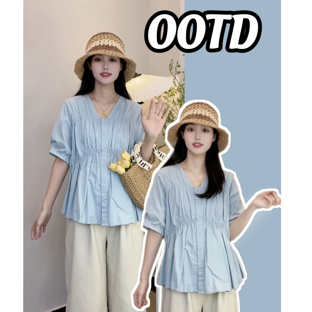 孕妇装2025夏季V领设计感短袖衬衣小众气质时尚减龄洋气显瘦衬衫