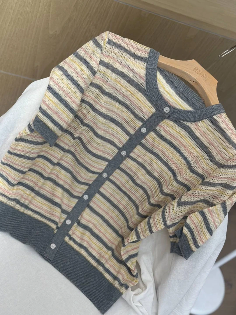 【欧琲】M788#条纹拼色宽松针织开衫上衣