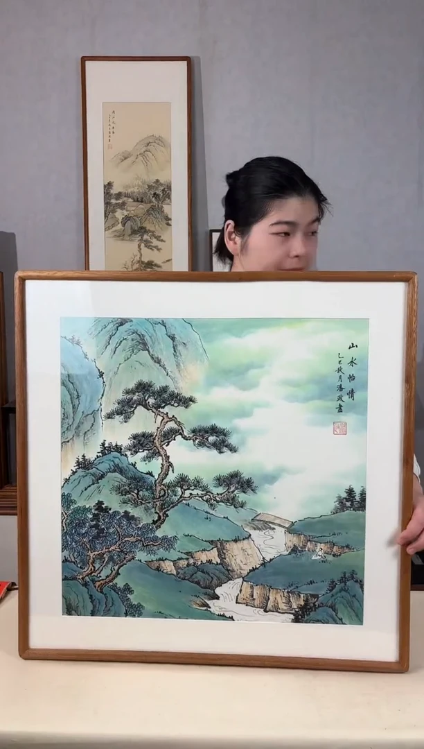 国画手绘*山水怡情*62*62cm实木框
