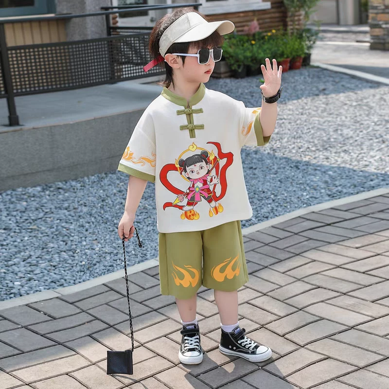 哪吒男童新中式套装夏季2025新款儿童汉服短袖两件套男宝国风衣服