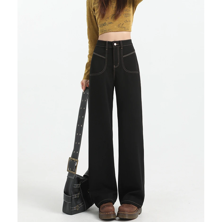 黑金色加绒窄版阔腿牛仔裤女秋冬新款时尚潮流显瘦宽松阔腿裤