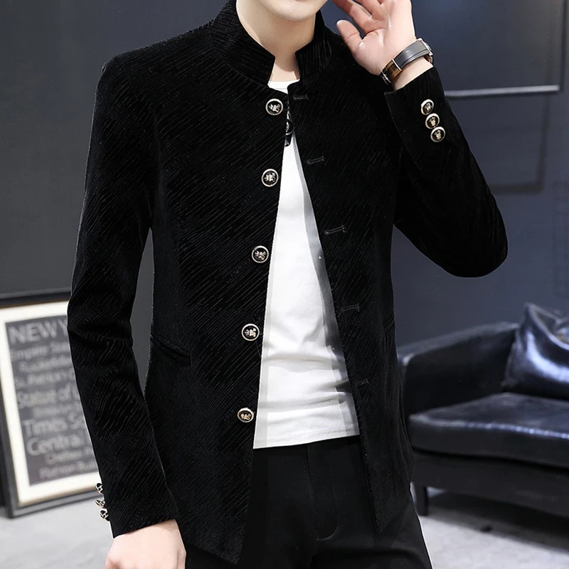 新中式男装春秋新款时尚商务休闲短外套男士立领搭扣修身中山装