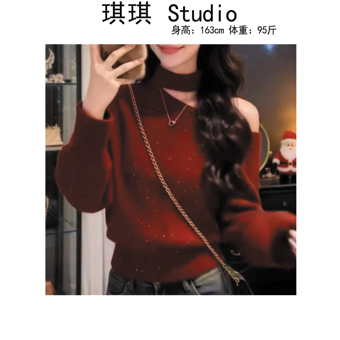 《琪琪家》冬季新款重工亮钻闪闪挂脖设计显瘦减龄针织上衣251215-L