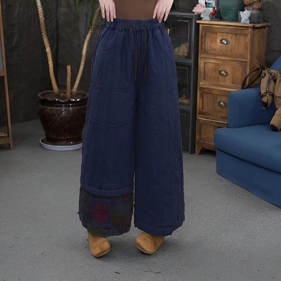 【亚麻刺绣棉裤】砂洗炒色裤脚喜字刺绣绗线设计松紧腰阔腿棉裤女