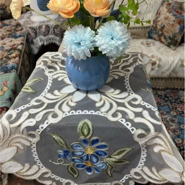 ZN050-58六角网纱【58*58/对】 蓝花毛巾绣桌布