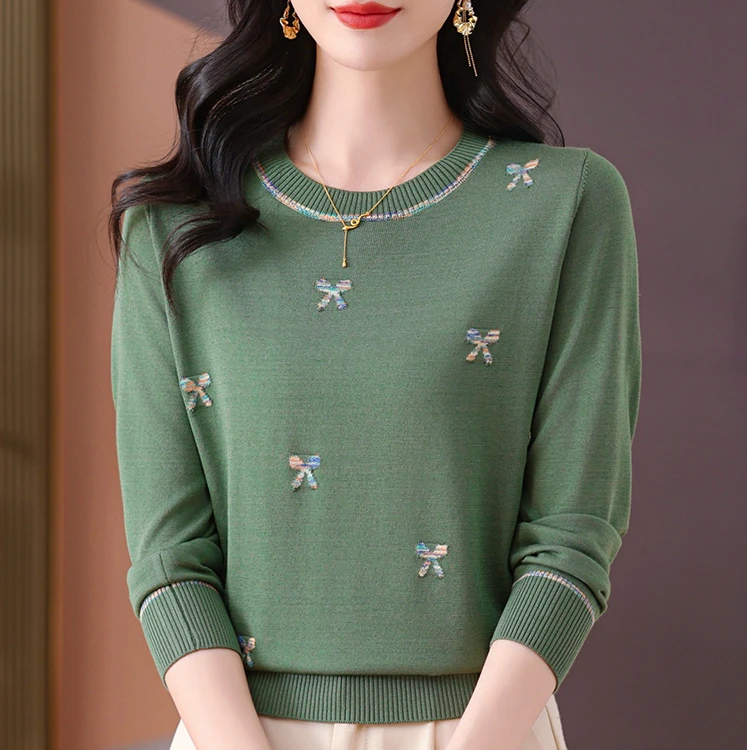 2025春季新款圆蝴蝶结提花宽松显瘦时尚百搭长袖洋气针织衫