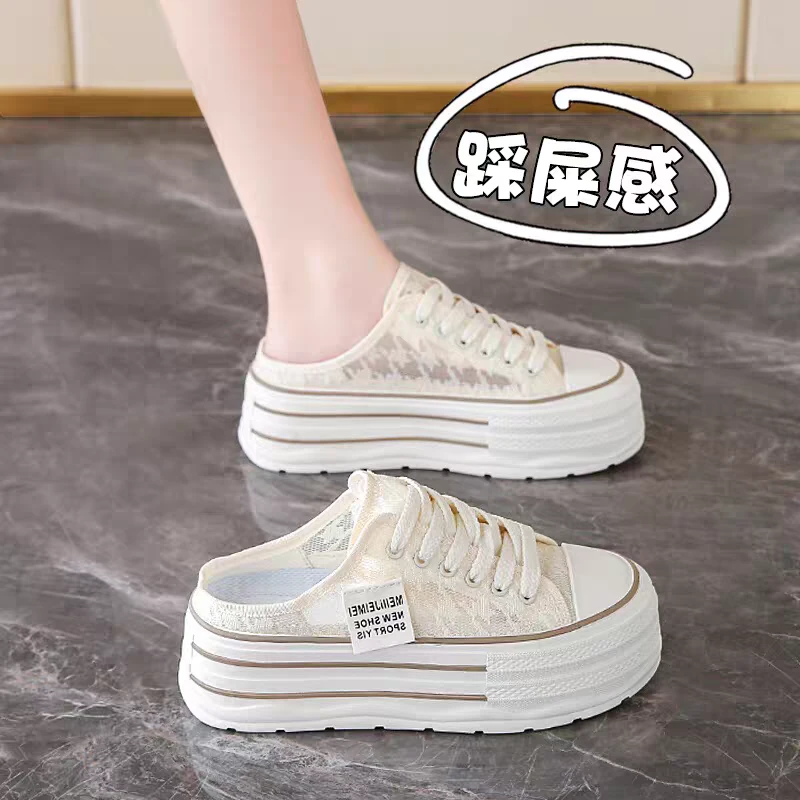 半拖帆布鞋女2025新款夏季透气网面蕾丝小白鞋配裙子增高厚底板鞋