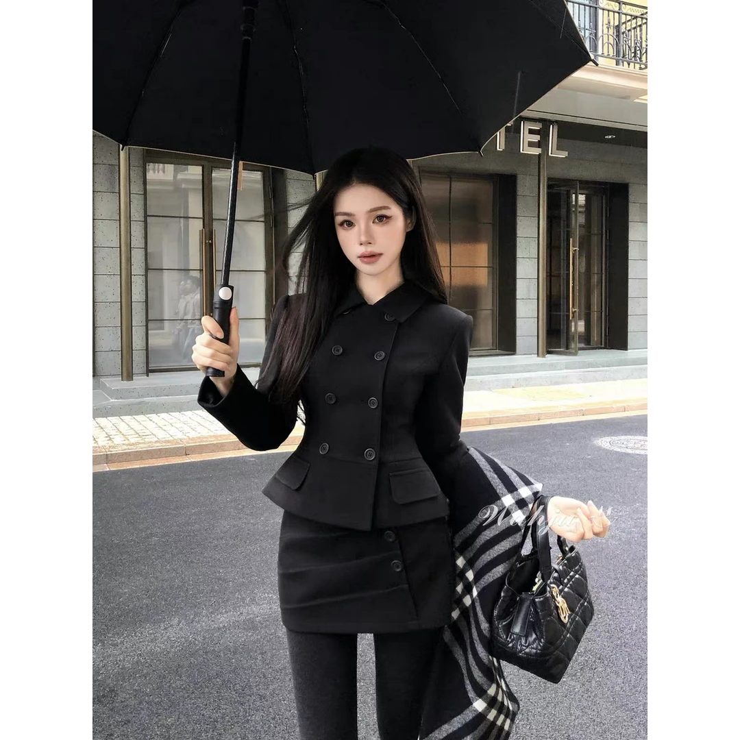 高级感黑色呢子大衣女冬季收腰修身显瘦短款毛呢外套半身裙两件套