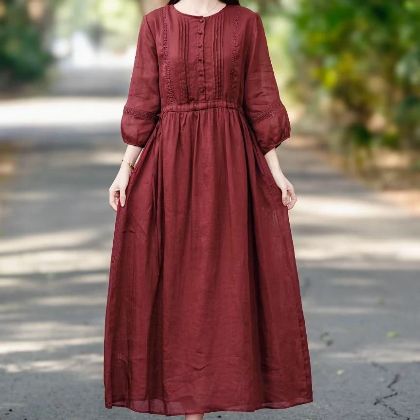 【波尔多红】新品100%纯苎麻气质显瘦宽松连衣裙