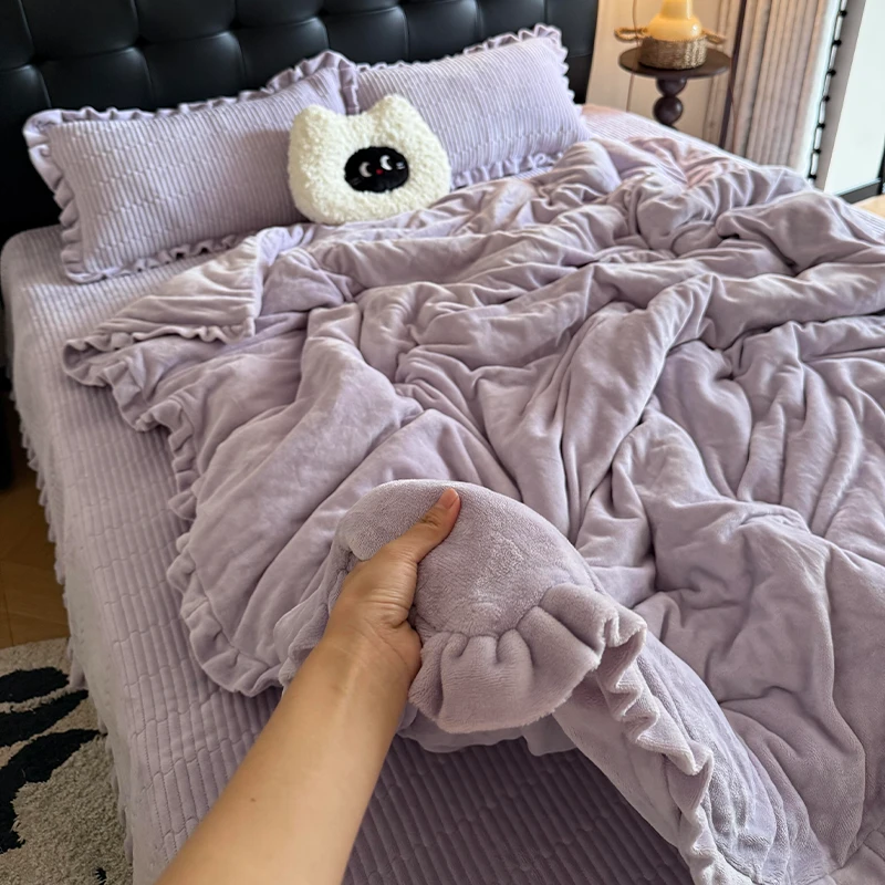 法式花边牛奶绒床盖款四件套轻奢冬季加厚保暖被套床单三件套床品