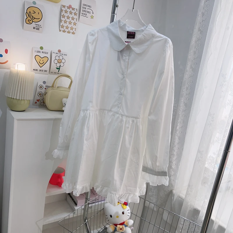 【钱呼呼】2024春秋新款甜美减龄白色翻领蕾丝花边设计衬衫裙女