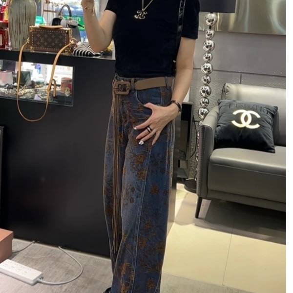 【衣香丽尔】复古腔调绒面提花高级洋气牛仔裤欧货新款高腰直筒裤女