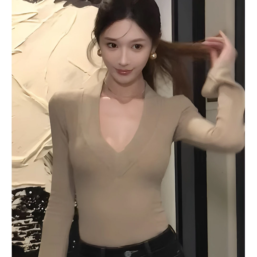 韩版复古德绒深V领磨毛针织长袖T恤女秋冬保暖内搭打底衫短款上衣