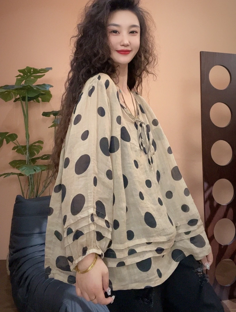 museguhui/木色古汇5529#圆点休闲气质拼接V领时尚苎麻衫