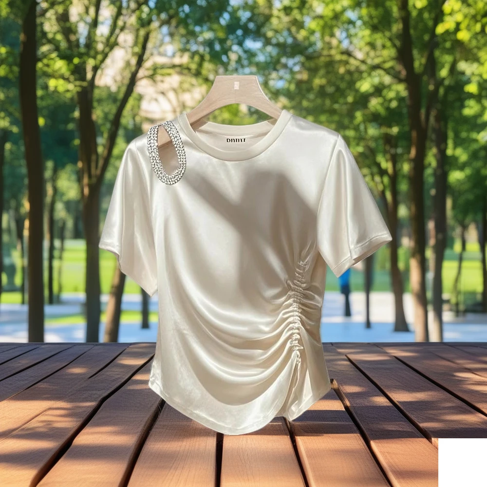 新款独特显瘦时尚短袖上衣女士漂亮醋酸材质香槟色超好看的T恤衫