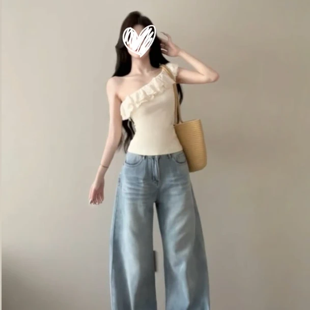 甜妹风荷叶边斜领露肩背心吊带女夏季设计感小众修身显瘦短款上衣