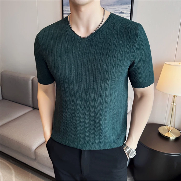 新款男t恤短袖针织打底衫修身半袖体恤潮牌鸡心领毛线衣潮流线衫
