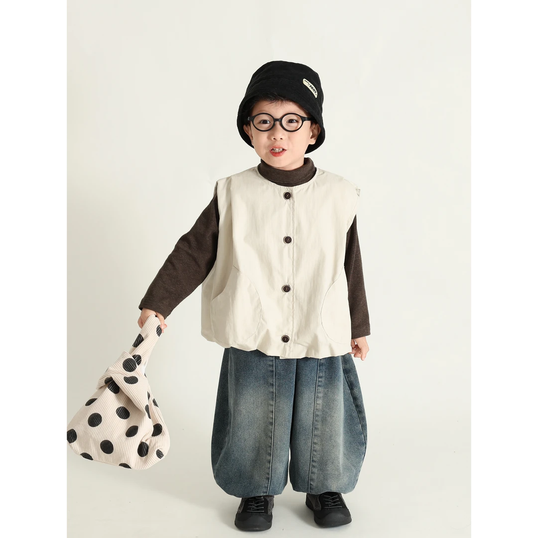 儿童秋季套装2025新款男女童马甲打底衫萝卜裤三件套复古洋气童装