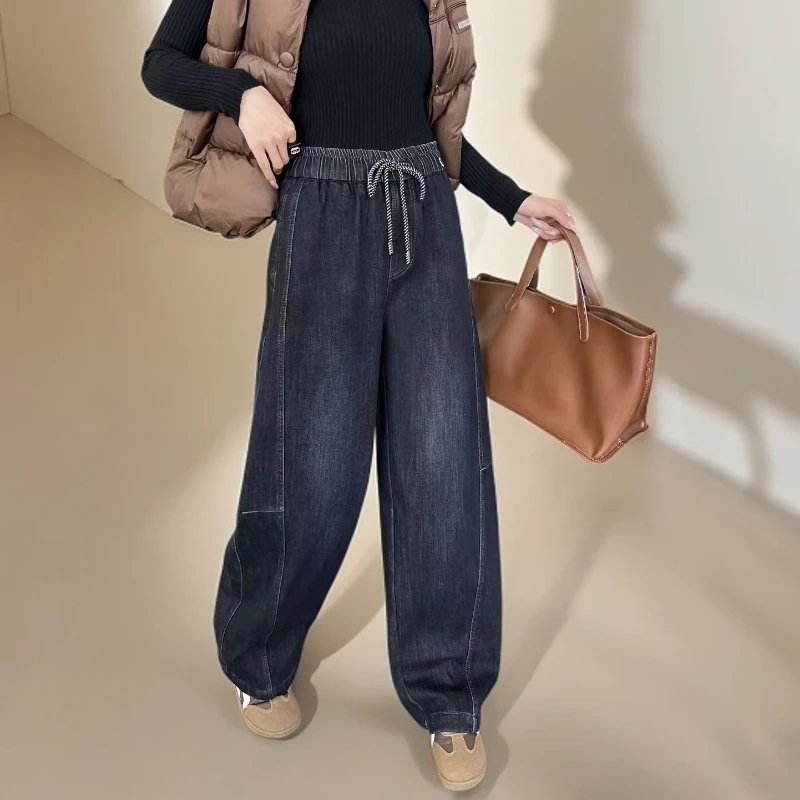 81601复古牛仔裤加绒弯刀阔腿裤女高腰长裤哈伦裤弹力时尚大码