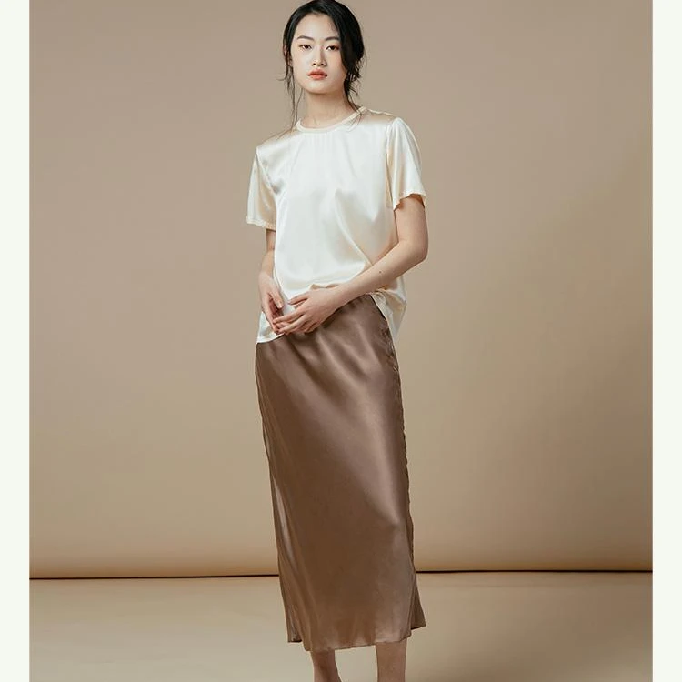 桑罗SANGLUO通勤缎面半身裙长裙黑色米色百搭裙子短裙 09423001