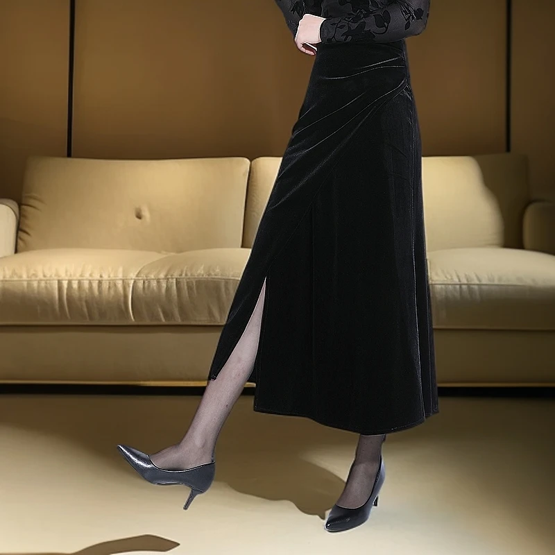 金丝绒半身裙女长裙春季开叉一步裙子2025年新款小众不规则鱼尾裙