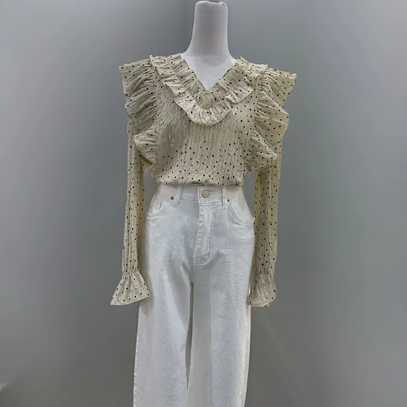 韩国东大门显瘦波点V领设计感百搭雪纺衫