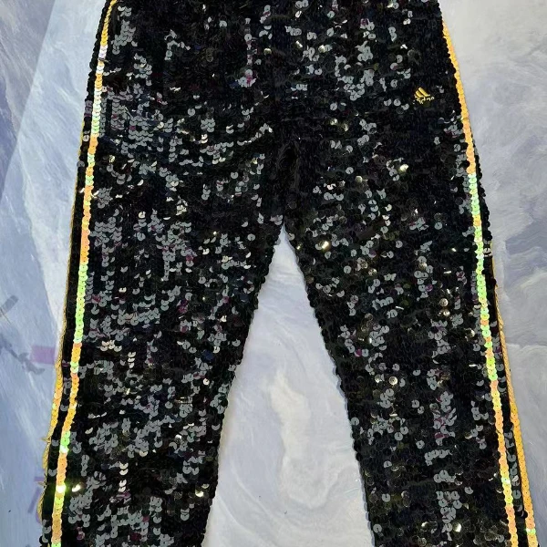 H00083 时尚休闲百搭黑色潮流重工金丝豹纹印花提花裤子