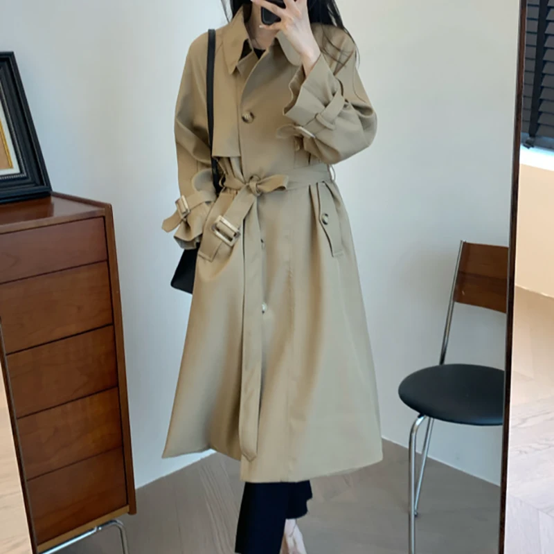 宝丫轻奢  T女式可盐可飒翻领系腰带中长款风衣外套K954
