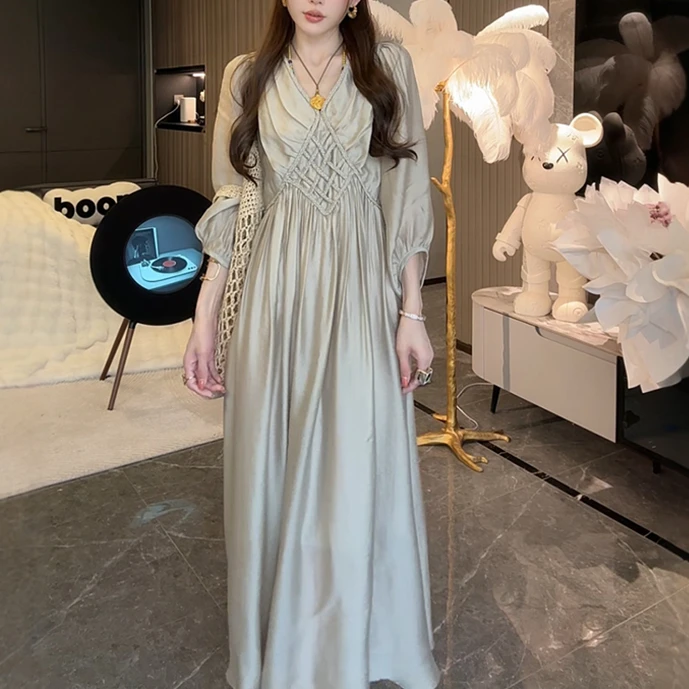 【现货】复古洋气拼色慵懒显瘦长袖蕾丝慵懒风宽松休闲打底连衣7962