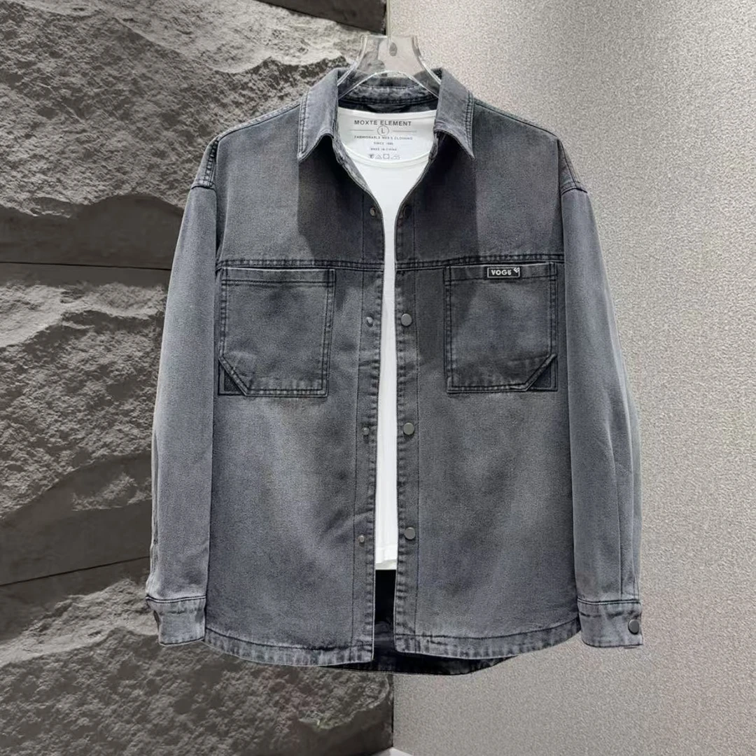 男士秋季休闲宽松复古水洗牛仔翻领外套8551